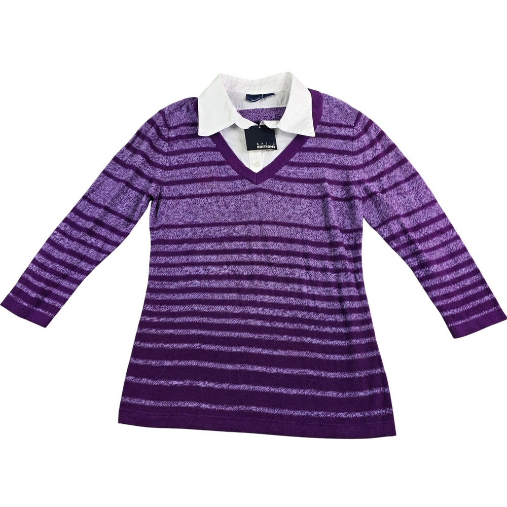 Basic Editions Sweater w/ Inset Women Small‎ Purple Striped Preppy Layered Look